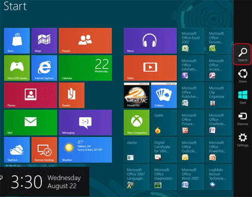 Windows 8 Start Screen, Charms, Search